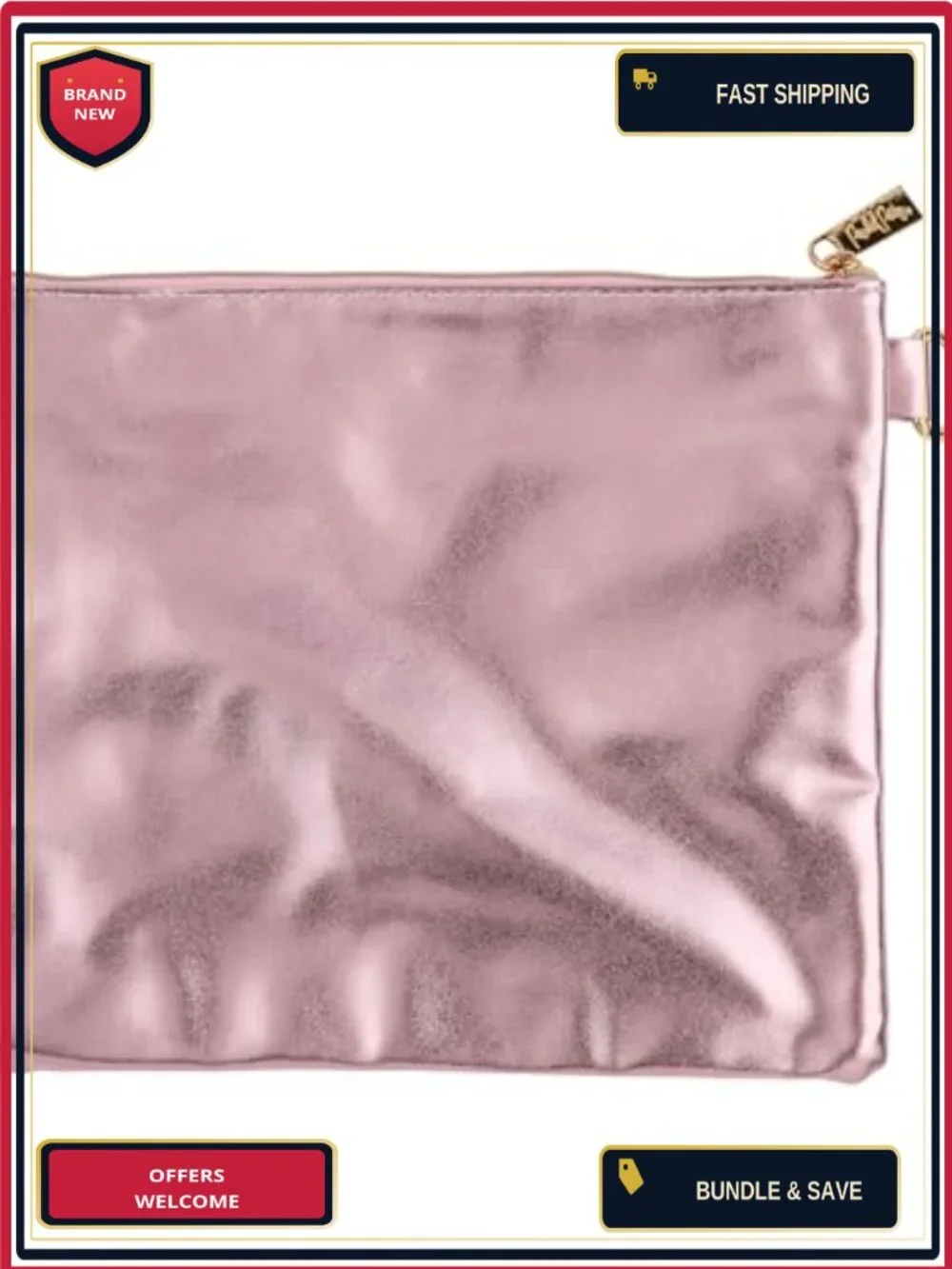 Pink Bow Confetti Metallic Leatherette Cosmetic Pouch Makeup Bag Organizer
